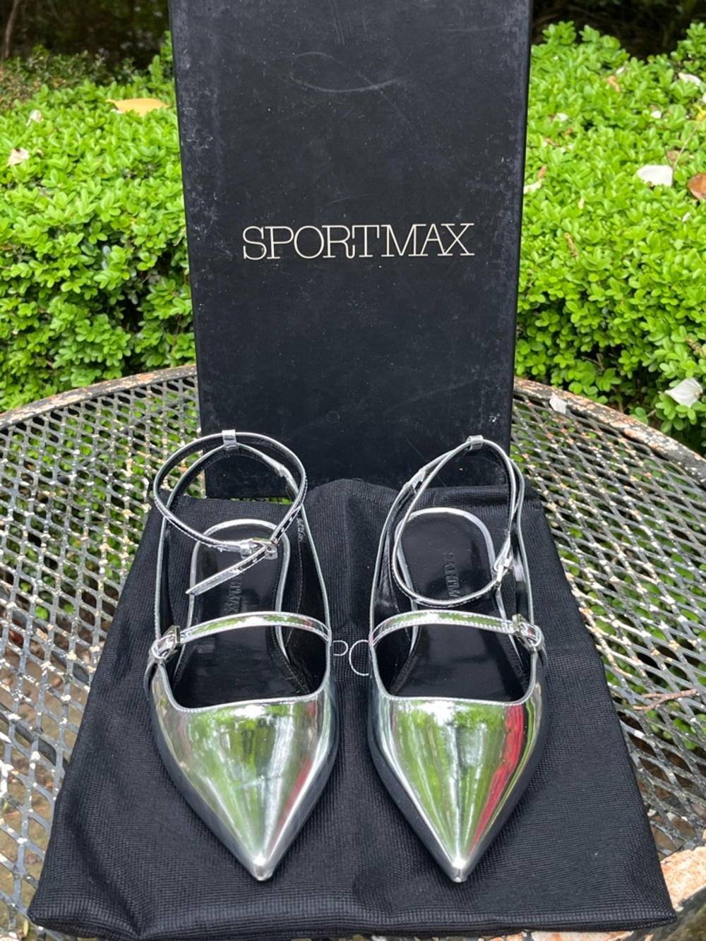 Sportmax Metallic Silver Pointed Toe Double-Strap Flats!